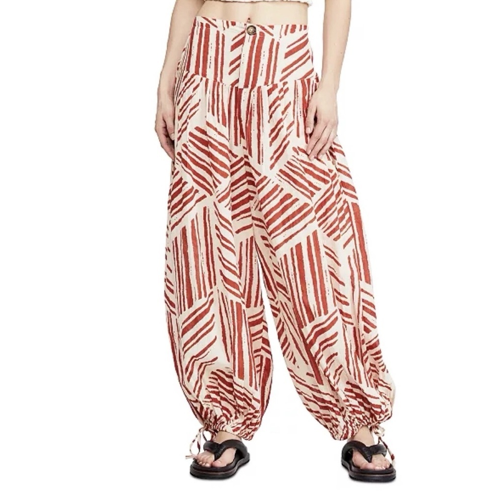 Relaxed High-Waist Printed Harem Pants - Rust/Cream